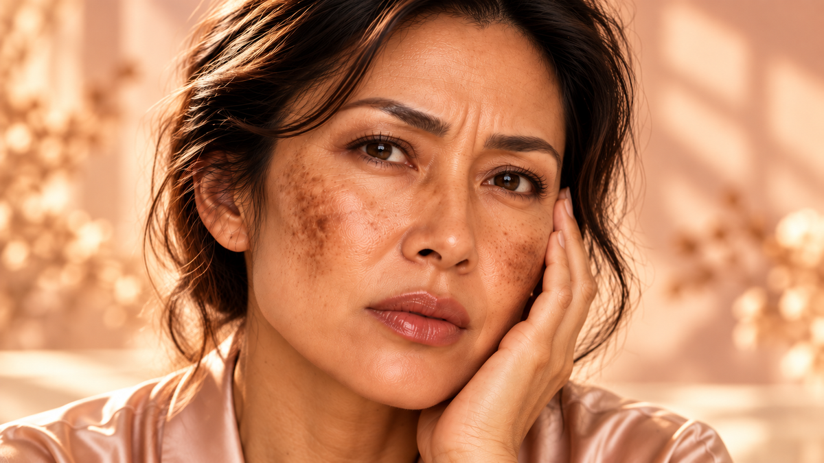Woman with visible facial pigmentation and melasma on cheeks