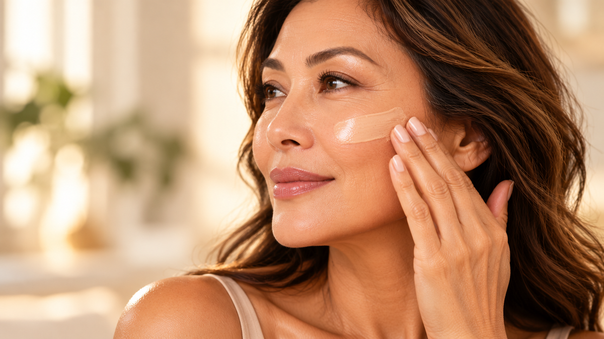 Mature woman applying daily SPF to healthy radiant skin
