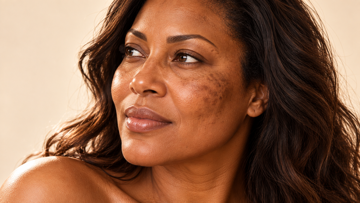 Woman with symmetrical melasma pigmentation on cheeks