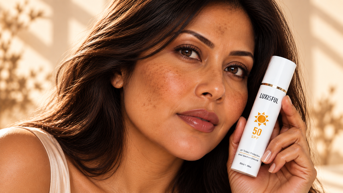Woman with visible facial hyperpigmentation applying sunscreen